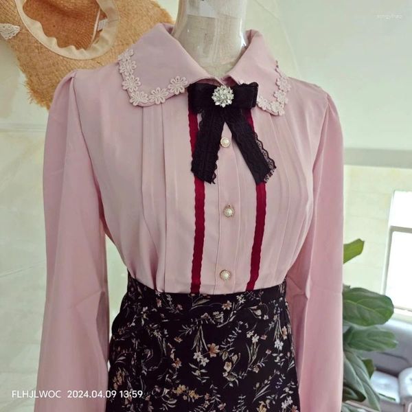 Blouses feminina Tops rosa Japão estilo garotas Red Listed Office Formal Lady Show fofo Sweet Bow Ribbon Basic Button camisetas