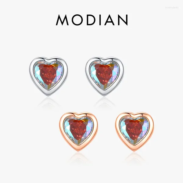 Brincos de garanhão Modian 925 prata esterlina simples corações pequenos corações multicoloria charme clássico jóias de cores de ouro rosa para mulheres