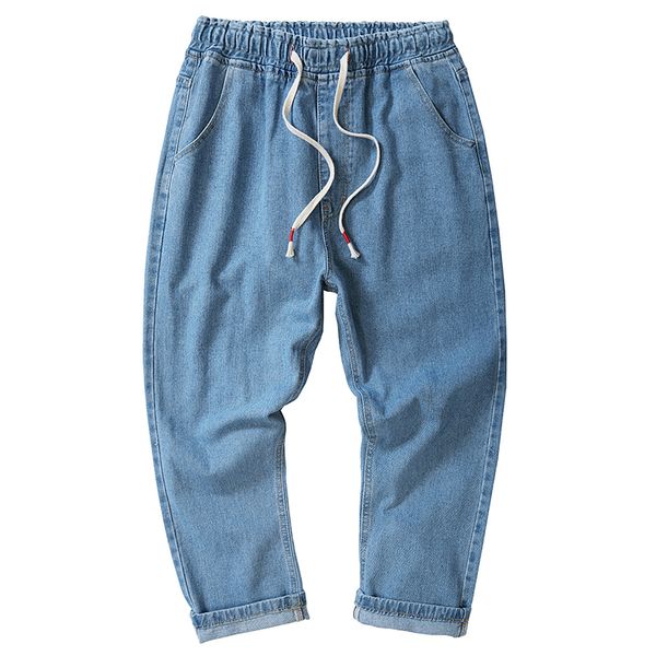 Einfache gelegentliche Herren Jeans, losen geraden Harlan -Hosen, elastische Taille Daddy Hosen