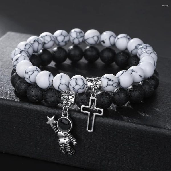 Charm Armbänder Set Armband Paare Abstand Schwarzweißer Lava Stein türkiser Perlen Astronaut Cross Anhänger für Männer Frauen Schmuck