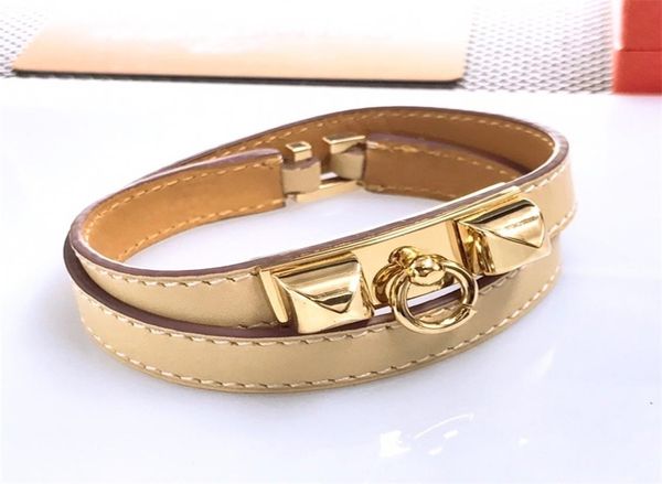 Punk Chic Casual Color Gold Armband Hochwertige echte Leder Männer Frauen Rock Pin Design Schmuckzubehör Geschenk 2203314601304