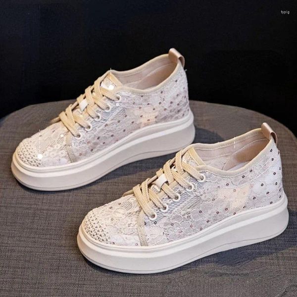 Lässige Schuhe 7 cm Luftgitter Spitze versteckte Absätze Frauen Sommerplattform Mode Keilabsatz Chunky Sneakers Zapatos de Mujer