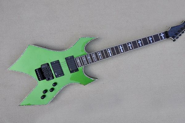Guitarra de forma incomum guitarra de corpo verde com rosa de rosa -rosa outidos de hardware preto fornece serviços personalizados