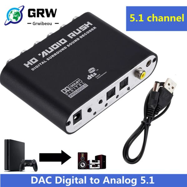 Connectores USB 5.1 Conversor de áudio estéreo do canal AUX 3,5 mm a 6 Converter de áudio RCA DAC Digital a analógico SPDIF DAC coaxial DAC