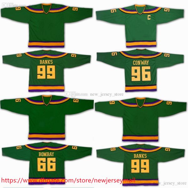 Jovens garotos poderosos hóquei de patos poderosos 99 adam bancos jersey garotos 96 charlie conway 66 gordon bombay jerseys costurada verde