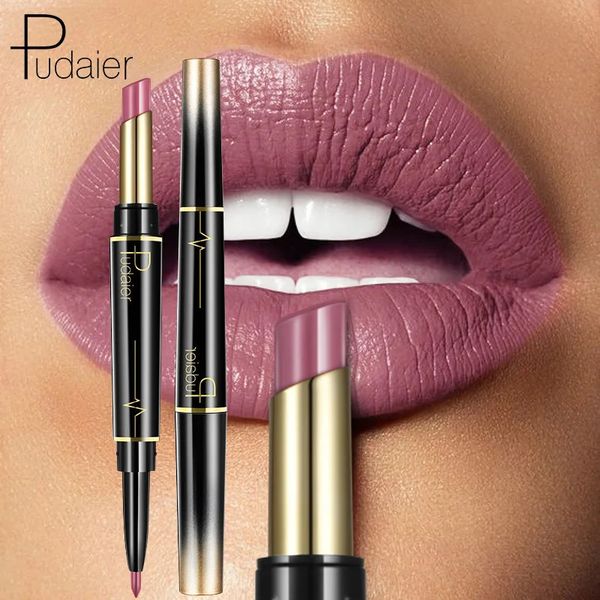 Pudaier Makeup 2 in 1 mattes Lippenstift Lip Liner Nackt Lip Stick Stift Make -up Kosmetik Lip Balm Matt Cream Lipbalm Lipliner 240415