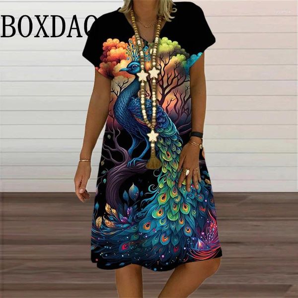 Vestidos casuais 2024 Moda de verão Moda 3D Impressão de pavão em Vido curto de pescoço em v vestido de tamanho largo e tamanho 6xl vestidos