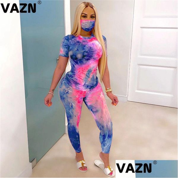 Calças de duas peças femininas Vazn Stie Dye Print Colorf y Tops Leggings 3 peças com máscara de máscara Casual Casual Ladies Women Women Sets T20 Dhapu