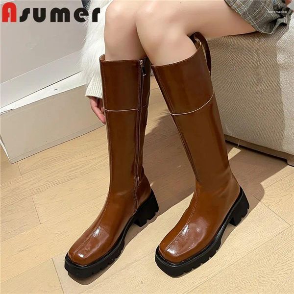 Stiefel Asumer 2024 Echtes Leder Winter Frauen Reißverschluss Damen Knie hohe dicke Absätze Plattformschuhe