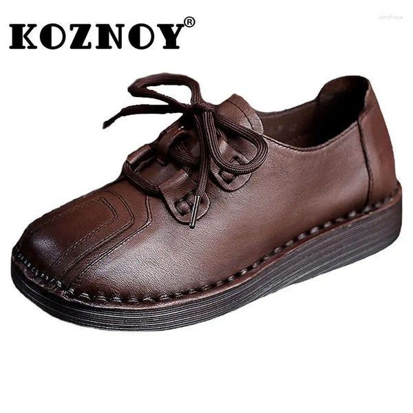 Lässige Schuhe Koznoy Frauen Moccasins 3cm Retro bequeme authentische echte Leder Herbst Frühlingsflats runde Zehen Weichsonne Schnüre -up weiblich