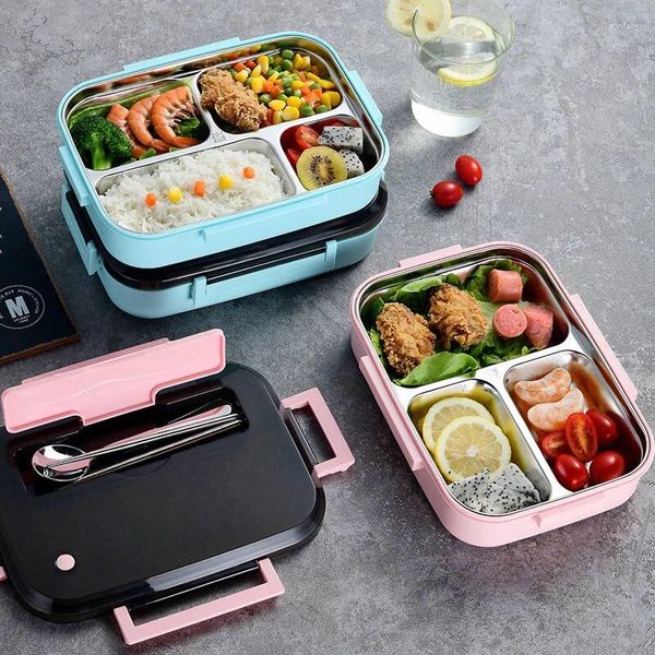 Lagerflaschen Kinder thermische Edelstahl -Lebensmittelbehälter 3 Fächer Leckdosen Bento Lunchbox mit Besteck