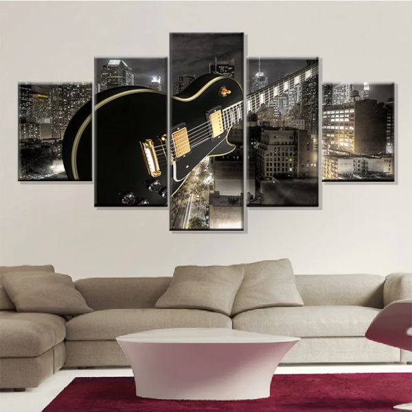 5 pannelli Musica per chitarra in tela dipinto di città poster paesaggistica Postatori soggiorno Artista Wall Residence decorativo decorazioni decorazioni senza cornice