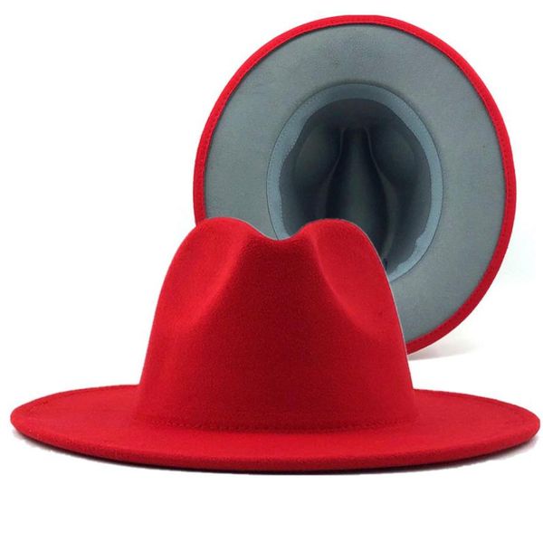 60 cm di rosso con patchwork grigio in lana panama in feltro jazz cappelli fedora da donna uomo largo festa brim cowboy trilby cappello giocatore d'azzardo 2010286128675