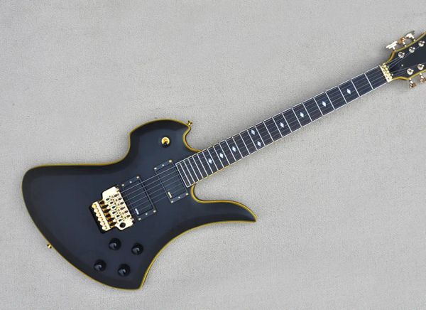 Chitarra insolita a forma nera corpo elettrico elettrico con hardware oro tastiera di palissandro legale giallo