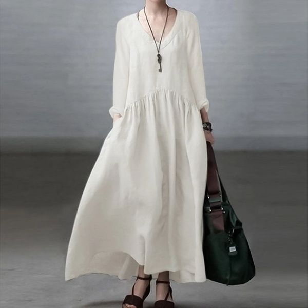 Элегантный дизайн жилета Женские платья моды с длинным рукавом v шея повседневное льня