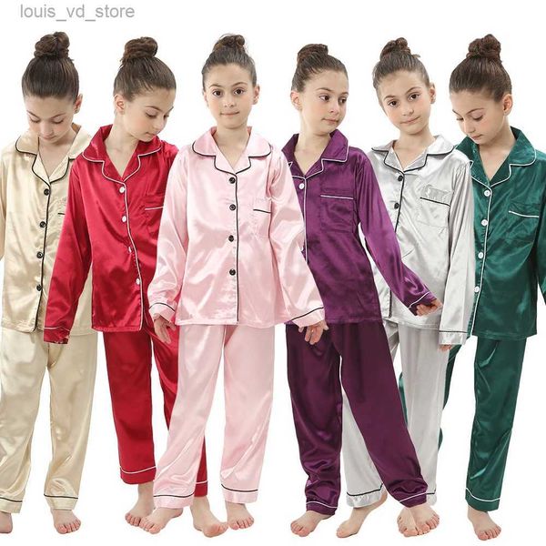 Pyjamas neue Kinder Seiden Satin Pyjamas Set Baby Nachtwäsche Pijama Solid Color Pyjamas Anzug Jungen Mädchen Schlaf Set Herbst Kids Loungewear T240415