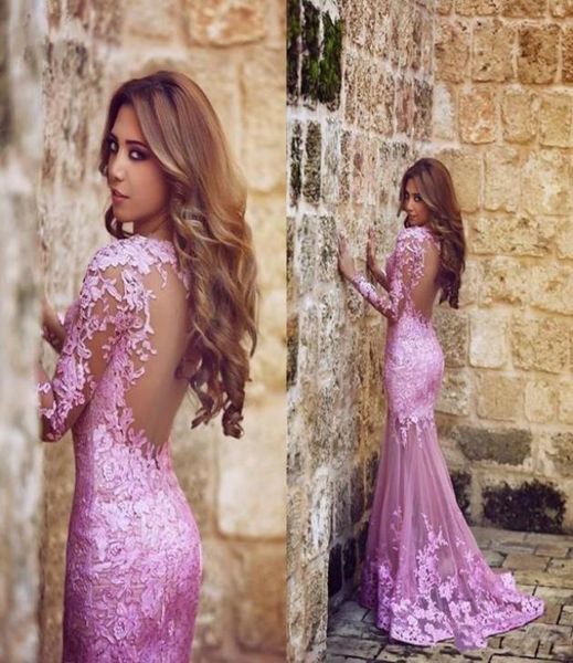 Disse Mhamad Mermaid Tulle Appliques in pizzo Abiti da sera di prugna spazzano treno a maniche lunghe Partito formale trasparente illusione arabo 6465718