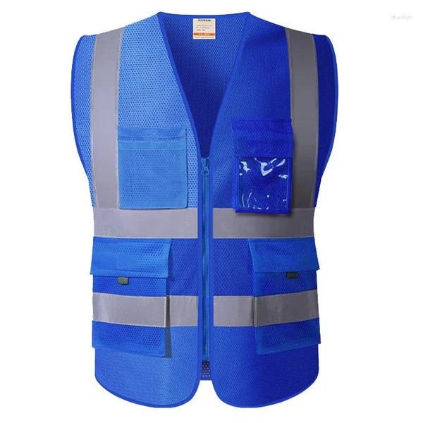 Coletes masculinos Mesh Blue Safety Vest Reflexivo com bolsos e zíper de alta visibilidade Construção para homens Mulheres negras