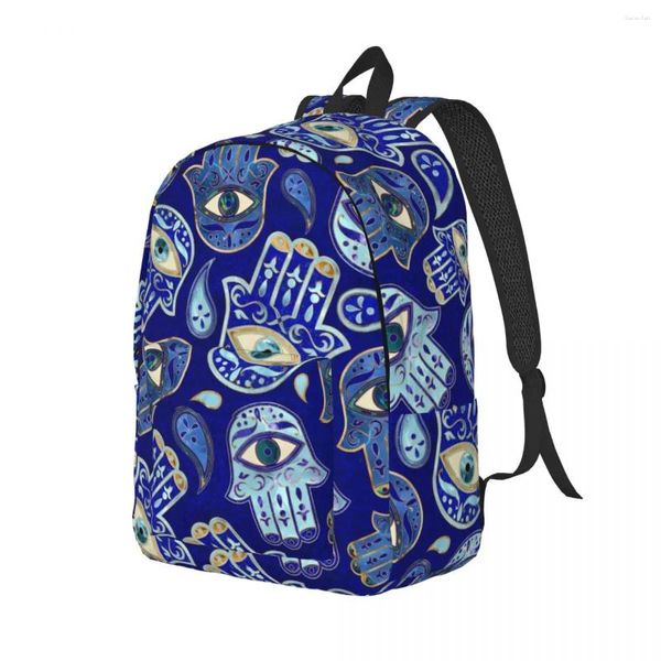 Backpack Hamsa Hand Mulheres homens azuis de Fátima Imprimir Mochilas Poliéster Modern School Bags Workout Colorful Rucksack