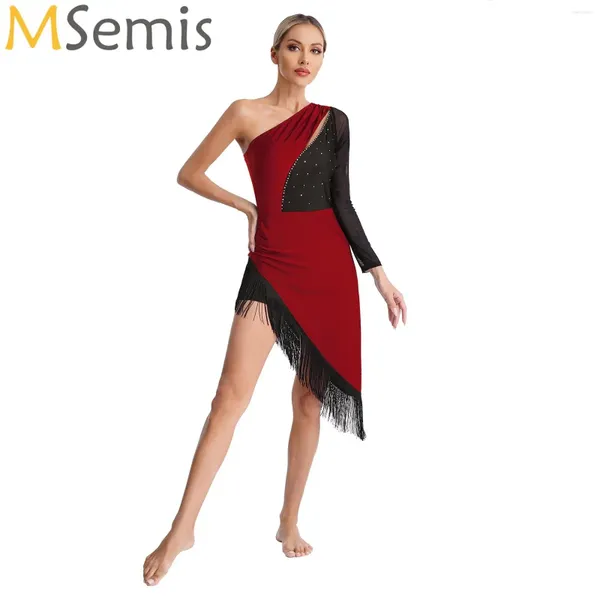 Bühne Wear Women Latin Dance Kleid Ein Schulter Fransen unregelmäßiger Saum Kleider Ballsaal Salsa Tango Chacha Rumba Samba Wettbewerb Kostüme