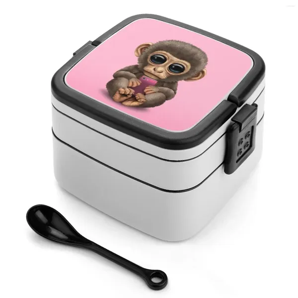 Macaco de jantar de bebê fofo segurando um telefone celular rosa Bento Box Prao Square Lunch com compartimento