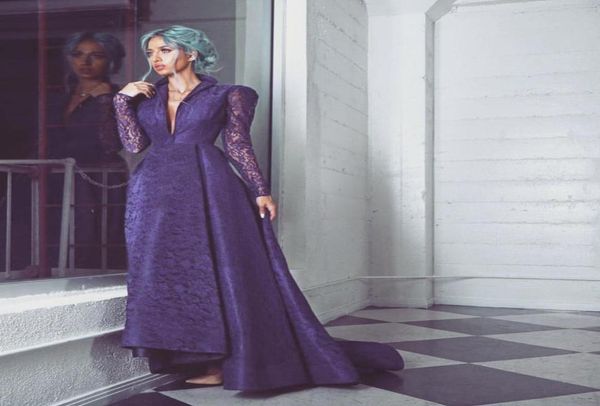 2017 vestidos de baile vintage colar de pé roxo v renda no pescoço sobre vestidos noturnos de cetim com mangas compridas puras9363327