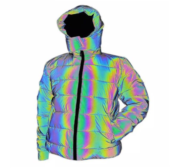 Buntes Regenbogen Reflektierende Winterjacke Frauen Windscheife reflektierende glühende Kapuzenparka junge Männer warmer gepolsterter Mantel 94308599991585