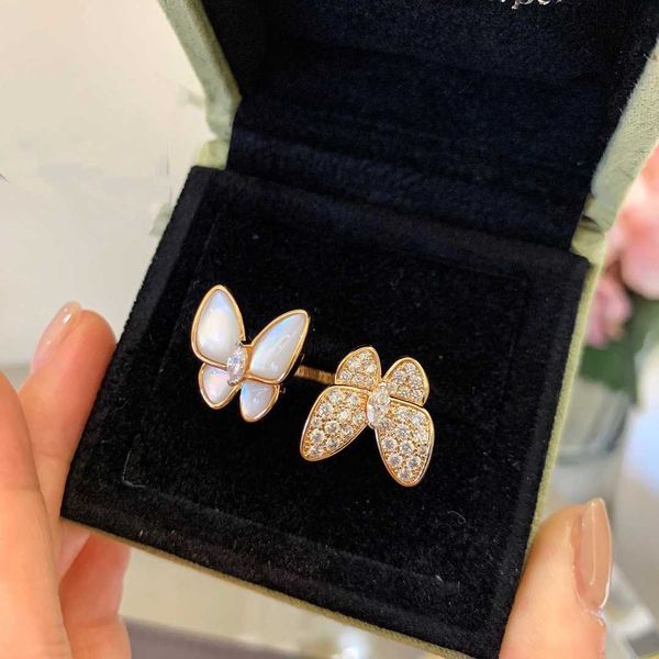 Дизайнер van White Beimu Full Diamond Open Butterfly Ring 925 Pure Silver Plated 18k Gold Live High Version Pojm