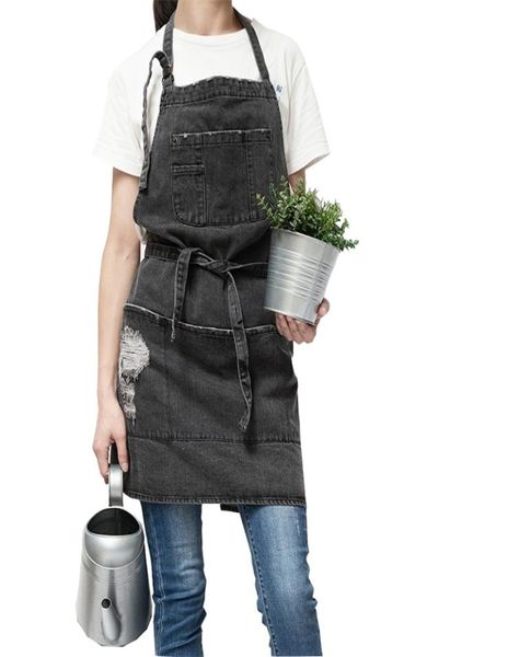 Profissão coreana ajustável 100 algodão jeans cozinha s para mulher adulta assar smock chef cafe jeans unissex 2109043058339