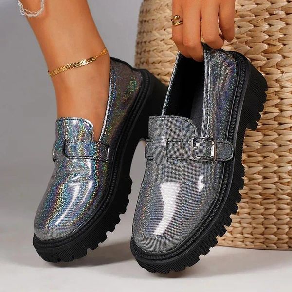 Повседневная обувь 2024 Spring Fashion Laser Loafers для женщин платформу металлическая пряжка плоская женщина круглая нога на Zapatas Mujer