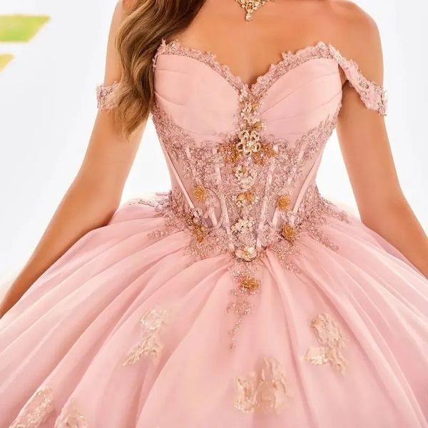 Zwei Stücke Luxus Blumenkind Kleid rosa Schatz Quinceanera Kleid 2024 Gold Blumenblumen Perlen Prinzessin Ballkleid Süße 15 Vestidos de xv Anos Party Kleid