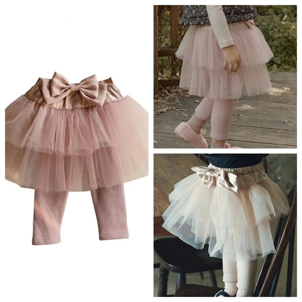 2024 Koreanische Kinder Girls Rockhose Kleinkind Baby Girls Vlies Leggings mit Bow Puffy Mesh Rock 240403