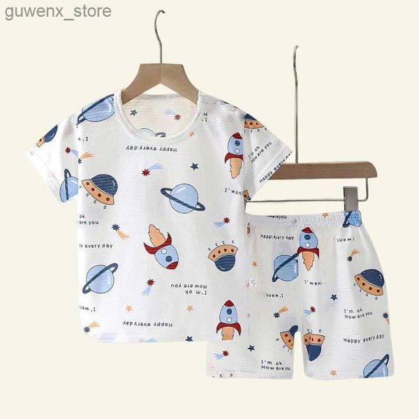 Set di abbigliamento popolari in SummerCottonSafe Baby Children Set di abiti carni cartone animato a manica corta set di pigiama da sonno morbido traspirato Y240415