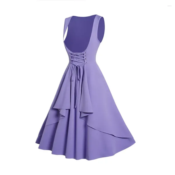 Vestidos casuais Light Purple Fall Wedding Convidado para mulheres Lace Up Dress Dress Camada Plain Color sem mangas uma linha midi