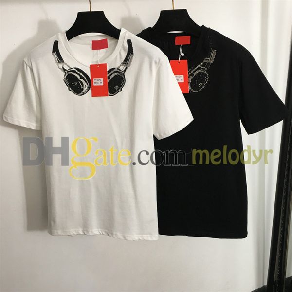 Tasarımcı Tshirt Kadınlar Rhinestone Kulaklık Baskı Tees Street Giyim Bayanlar İnce T Shirt Mektup Yuvarlak Boyun Kısa Kol Üstü