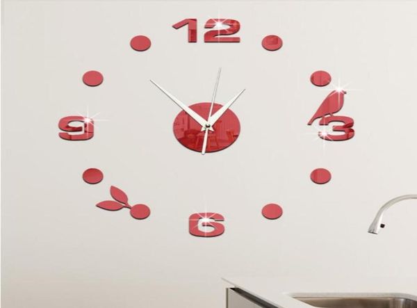 Watch Wall Clock Kreative Wandaufkleber Spiegelaufkleber 3D Stereoskopische digitale Uhr Vogelblätter 5648087
