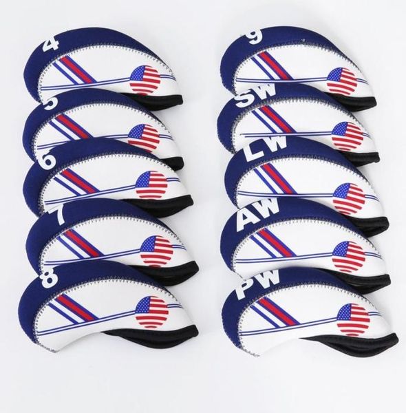 10pcsset Golf White Blue US Flag Neoprene Golf Club Head Cover Wedge Железный защитный защитник Case2578311