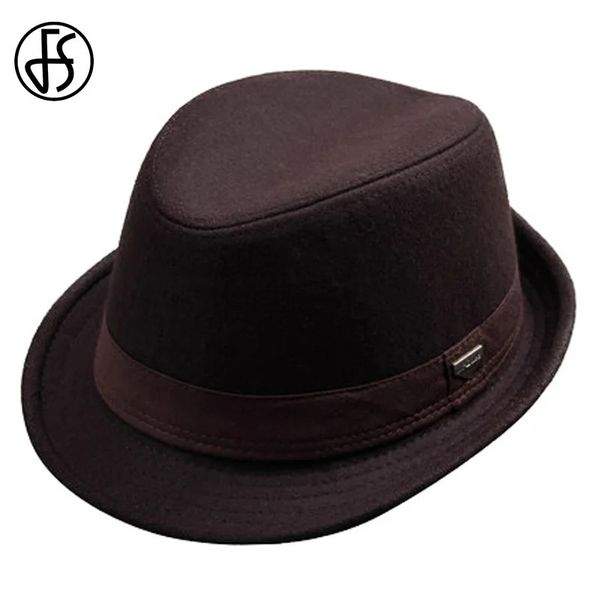 FS Men vintage Brim Wide Wool Felt Fedora Hats para Black Jazz Trilby Panamá Hat Gentleman Gangster Caps Fedora Chapeau Homme 240412