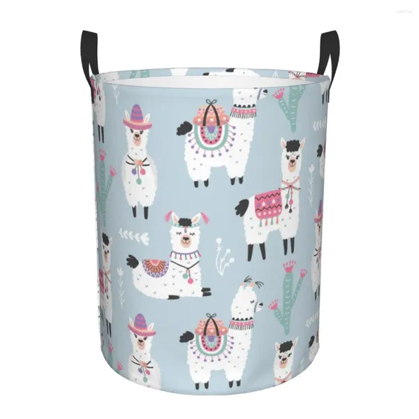 Lavanderia Basket Cartoon Llama Alpaca e Cactus pano dobrando roupas sujas brinquedos domésticos baldes de armazenamento