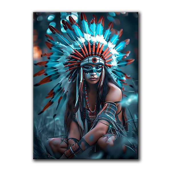 Painting guerriero indiano americano, stampe di tela d'arte da parete per ragazze indiane native, Poster capo del copricapo di piume vintage, film tradizionale Tribe Indian Picture per stanza