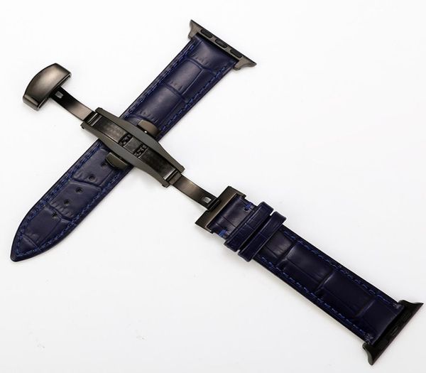 A nova pulseira de fivela de borboleta de couro azul de couro de couro é adequado para 1 2 3 4 5 Geração Apple Watch Unisex9128165
