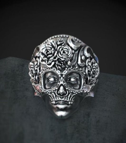 Anello di teschio da zucchero pesante in acciaio inossidabile 316L UNAMENTO MANDALA FLOWER SANTA MUERTE BIKER GIOITÀ DELLA TUAGNO 7 141978297