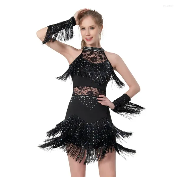 Bühnenbekleidung Pailletten Quasten Latin Tanzkleid für Frauen 1920er Flapper Cocktail Party Kleider Rumba Ballsaal Kostüme mit Handschuhen