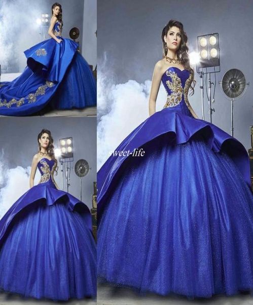 Новый дизайн Royal Blue Blue Quinceanera платья 2019 года, милая с часовней, атласный золото золото, бисера, 16, вечеринка, вечер Go2950819