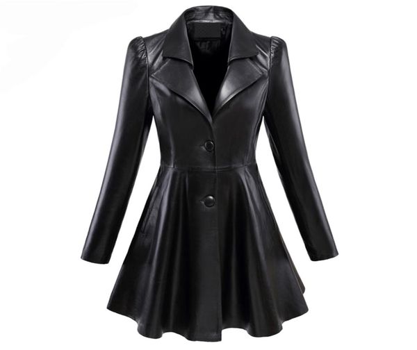 Mulheres039s Couro Faux Leather Women S Jaquetas Nerrazzurri Fit and Flare Faux Leather Coat entalhe lapela de manga longa Puff Skirte6676602