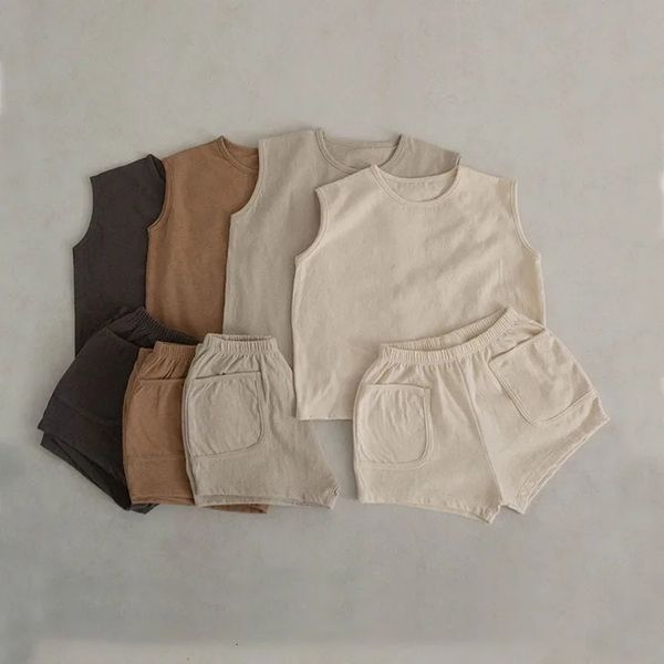 Summer meninos tanques camisetas tanques shorts conjunto 100 colete sólido de algodão