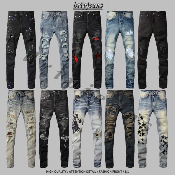 AMR-Jeans de alta qualidade jeans jeans jeans jeans calça de luxo calça angustiada jeans Slim Fit Motorcycle calça jeans skinny EUA Jeans de gotejamento