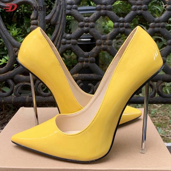Отсуть обувь Женщины 12 см металлические насосы глянцевые патентные желтые шпильки каникулы удобные элегантные высокие каблуки.
