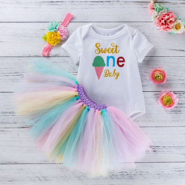 Abbigliamento per bambini Summer New Girl Stampa per bambini Manica corta Sweetheart Mesh Rainbow Gonna fatta a mano