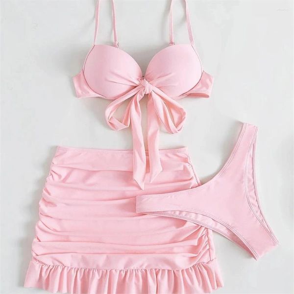 Damen Badebekleidung süßer rosa rauched Push -up -Verband Bikini Tanga Plissee Badeanzug 3 Stück Rock Strand Outfits Bikinis Badeanzug